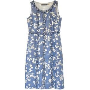 Boden Limited Edition 100% Silk Dress Size 6 Blue Floral Beaded Ruffle Trim